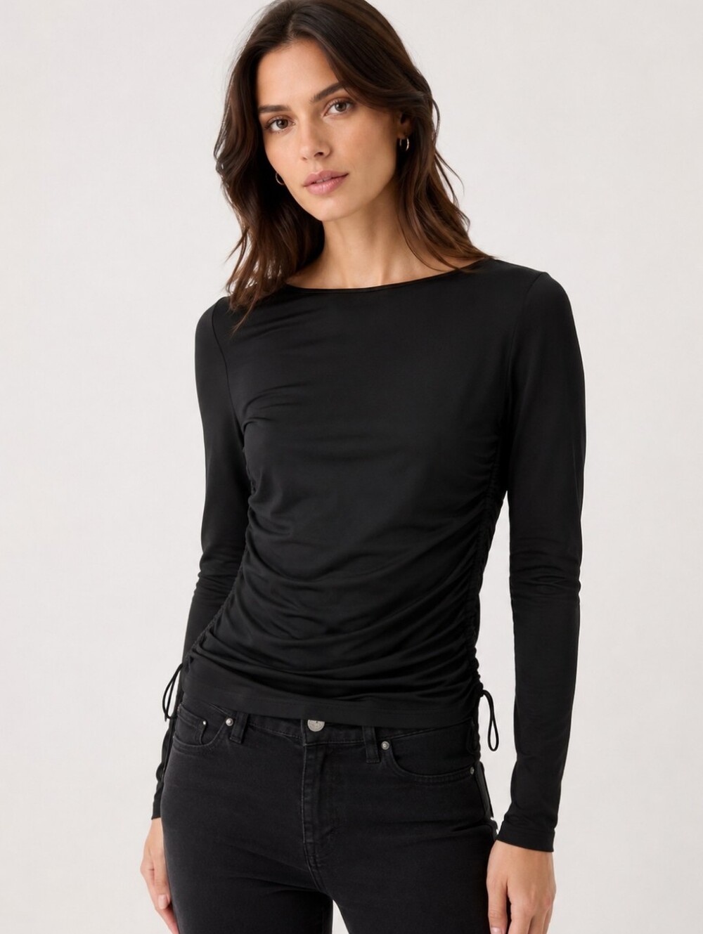 ❤️ THEORY SILK CREPE RUCHED GEORGETTE TOP, BLACK, MEDIUM